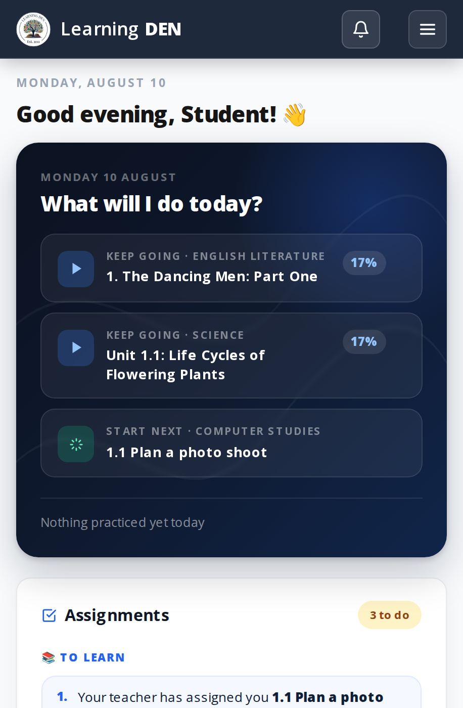 Learning DEN app dashboard